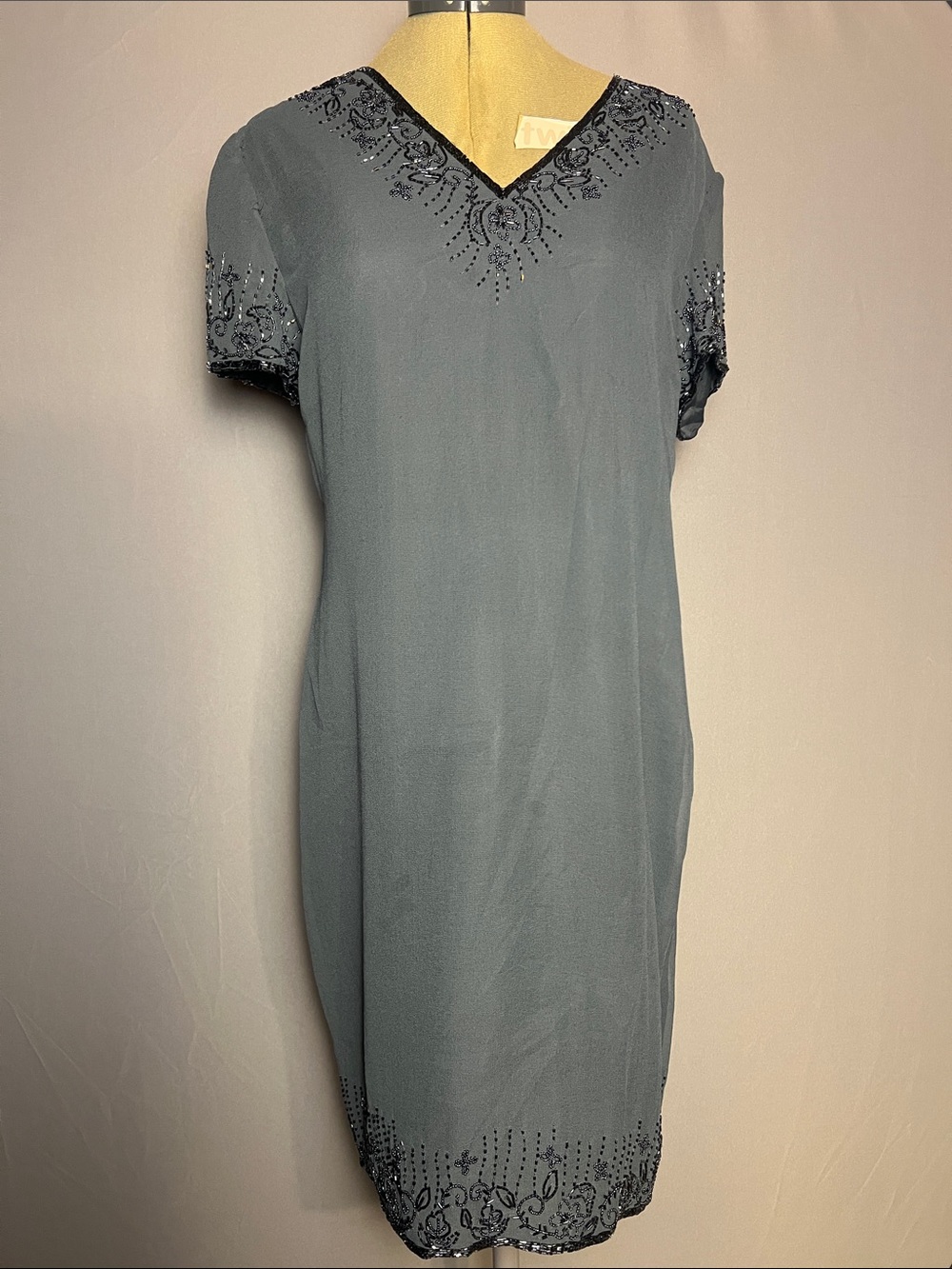 Vintage Beaded V-Neck Midi Dress in Charcoal Gray